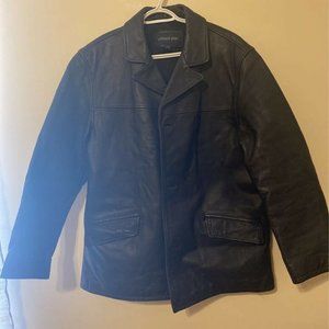 London Fog Mens Jacket Coat Black Button Lined Flap Pockets Collar Leather L